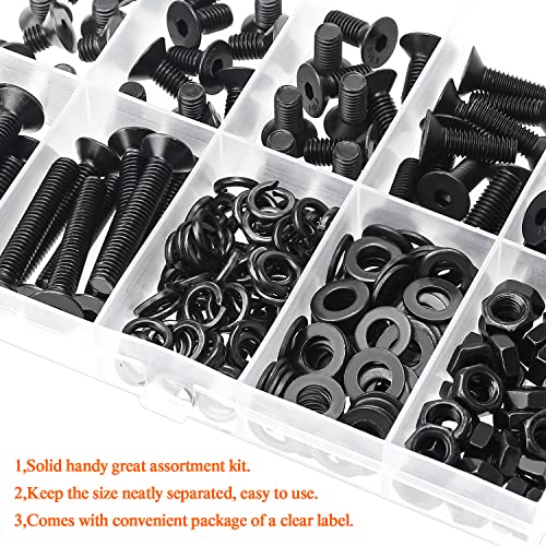 HELIFOUNER 240 Pieces M5 x 6mm /8mm /10mm /12mm /16mm /20mm /25mm, Countersunk Head Socket Cap Screws Bolts Washers Nuts Kit, 10.9 Grade Alloy Steel, Full Threaded, Black - size: M5, style: Countersunk Head