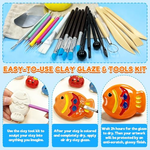 3.4FL OZ Air Dry Clay Glaze & 25pcs Tools Kit, Gloss Protective Sealant