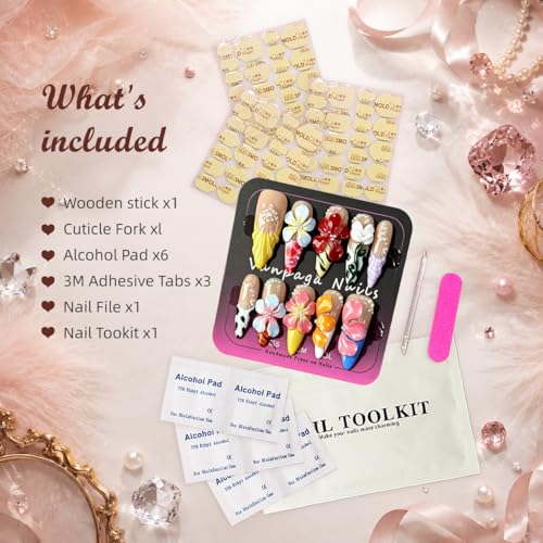 Reusable Handmade Press on Nails, 3D Flower Stiletto Nails with Pearls, Vibrant Tropical Blossom False Nails for Women, 10Pcs Kit with Nail Kit(M) - color: DHK, size: Medium