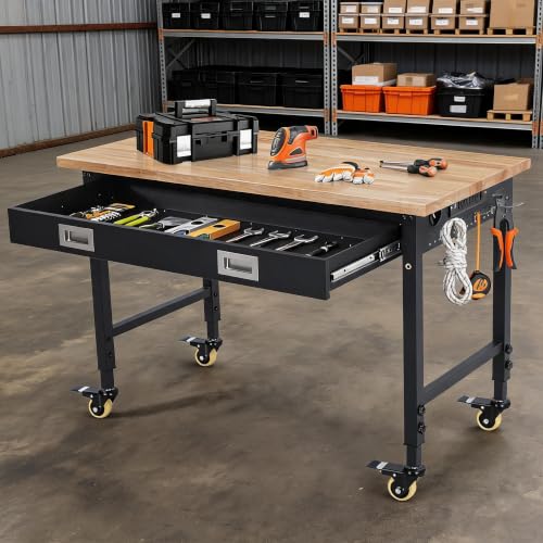 60 Inch Workbench with Power Strip, Rubber Wood,Garage Work Table - size: 60×22 in