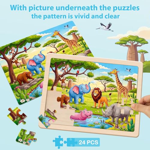 Puzzles for Kids Ages 4-6, 4 x 24 PCs Animals Wooden Puzzles - color: Dinosaur+forest+marine+farm