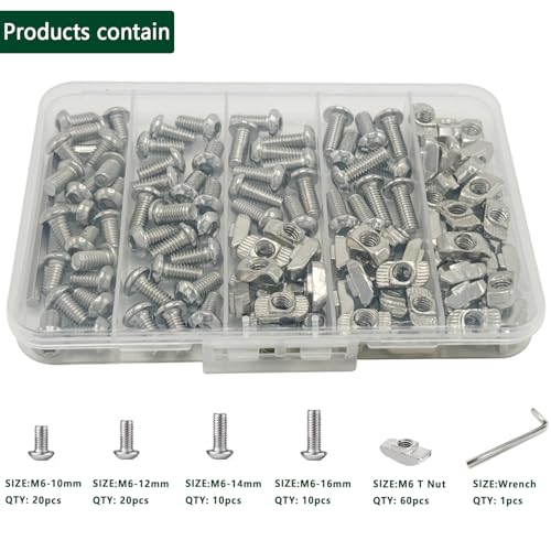 120 pcs M6 T Nut Screws Kit for 3030 3060 Aluminum Extrusion, 60 pcs Silver M6x10/12/14/16mm Hexagon Socket Screws and 60 pcs M5 Drop in T-Nuts with 1 pcs M6 Hex Wrench - style: 120pcs 30 Series Screws Kit Silver