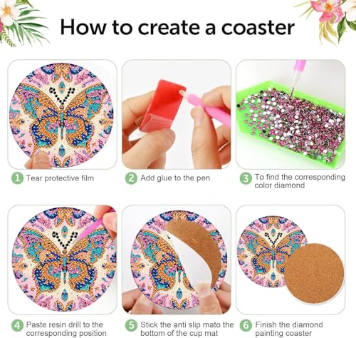 8 Pcs Diamond Art Coaster Kit for Adult with Holder, Diamond Coasters 4x4in - color: Butterfly Coasters, size: 8 Pcs 4x4in