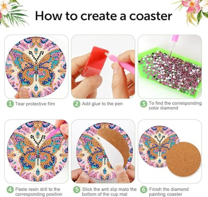 8 Pcs Diamond Art Coaster Kit for Adult with Holder, Diamond Coasters 4x4in - color: Butterfly Coasters, size: 8 Pcs 4x4in