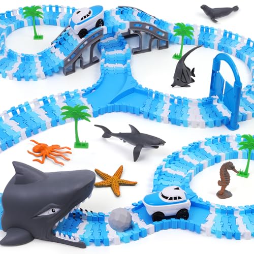 Ocean Theme Flexible Race Car Tracks for Kids, Birthday Gift for Boys Age 3 4 5 6 7 Years Old, 240+ PCS Buildable Car Track Playset with Shark Tunnel and Sea Creature Accessories - color: Ocean Race Car Tracks