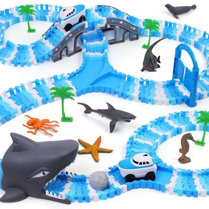 Ocean Theme Flexible Race Car Tracks for Kids, Birthday Gift for Boys Age 3 4 5 6 7 Years Old, 240+ PCS Buildable Car Track Playset with Shark Tunnel and Sea Creature Accessories - color: Ocean Race Car Tracks