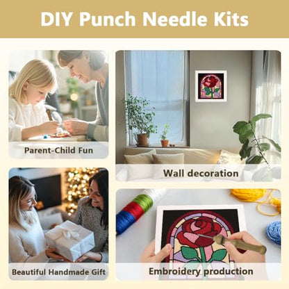 DOODLREAM Rose Window DIY Punch Needle Embroidery Kit for Adult Beginner, 9.4" Red Rose Flower Punch Stitching Craft Set for Starter with Frame, Fabric Pattern, Threader, Yarn, Pinch Needle - color: Rose