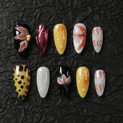 Tesytto 3D Flower Press on Nails Almond - Handmade Multicolor Design with Dewy Water Droplets, Luxury Salon Quality Reusable Fake Nails (Bold Bloom & Dot Glam, S) - color: Bold Bloom & Dot Glam, size: S