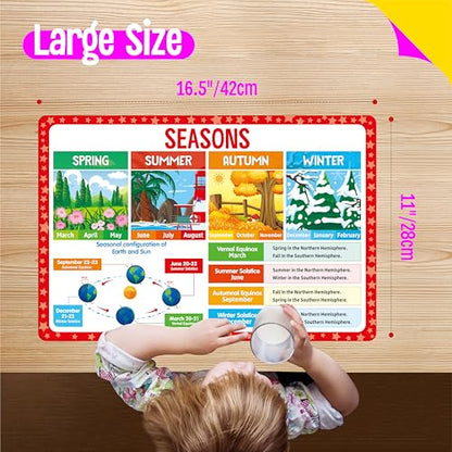 6 Pack Placemats for Kids, Non-Slip Washable Table Mat, Reusable Addition, Subtraction, Time, Calendar, Money & Holiday Placemats for Home, Kindergarten, Classroom, Nursery - style: Time