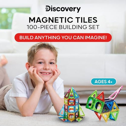 Discovery 100-Piece 3D Magnetic Tiles Set, Educational STEM Kids Toys, Ages 4+, Construction Building Block Creativity Kit, Engineering Development