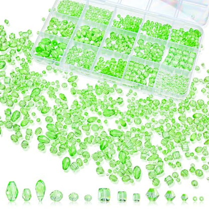 1500 Pcs Crystal Glass Beads for Jewelry Making – 12 Styles Bicone, Rondelle, Cube, Teardrop & 3mm Spacer Beads, DIY Bracelet Necklace Earring Craft Kit with Organizer Box(Green) - color: Green