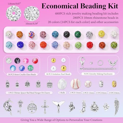 Dowarm 480PCS 10mm Rhinestone Beads Kit for Jewelry Making Baseball Necklace Friendship Bracelet, Round Disco Ball Rhinestone Clay Beading Set with Crackle Spacer Beads Charms for DIY Crafting - color: Mix 20 Colors