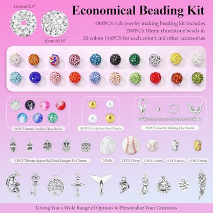 Dowarm 480PCS 10mm Rhinestone Beads Kit for Jewelry Making Baseball Necklace Friendship Bracelet, Round Disco Ball Rhinestone Clay Beading Set with Crackle Spacer Beads Charms for DIY Crafting - color: Mix 20 Colors