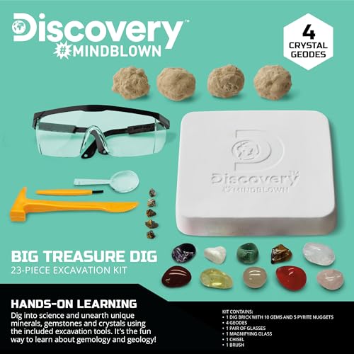 Discovery™ Big Treasure Dig STEM Kit – 23-Piece Excavation Set for Kids| Dig for 15 Gemstones, 4 Crystal Geodes & Pyrite Nuggets| Real Tools| Educational Geology Toy| Science Activity Gift| Ages 8+