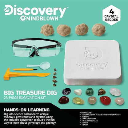 Discovery™ Big Treasure Dig STEM Kit – 23-Piece Excavation Set for Kids| Dig for 15 Gemstones, 4 Crystal Geodes & Pyrite Nuggets| Real Tools| Educational Geology Toy| Science Activity Gift| Ages 8+