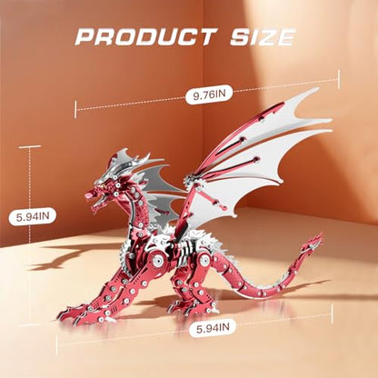 3D Model Kits for Adults,Metal Dragon Puzzle Building Set,Collectible Mechanical Engineering Crafts for Home Office Decoration & Gift（Red）