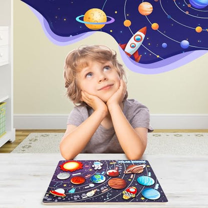 Wooden Solar System Puzzle for Kids, Toddler Montessori Planets Puzzle Toys