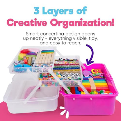 Blue Squid Arts & Crafts Box (Pink)- 2800+ pcs Deluxe Craft Supplies Box, 2 Drawers, 18 Compartments, Sturdy Handle - Art Crafting Kit Birthday Gifts for Kids, School Supply for Ages 4-12 - color: Craft Box Pink