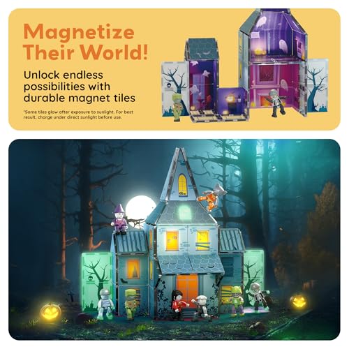 PicassoTiles 57 PCS Magnetic Tiles Halloween Haunted House STEM Set Ages 3+ - color: Haunted House