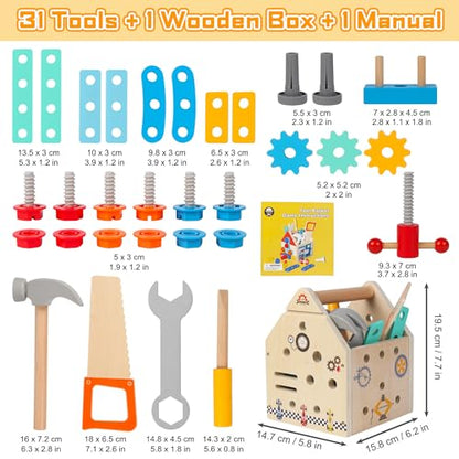 Toddler Tool Kit - 33 PCS Montessori Toddlers Tool Box, Kids Pretend Play Tool Set Age 2-4, STEM Educational Toys for Age 3, Wooden Construction Toys, Boys Birthday Gift 2,3,4,5 Year Old (House)