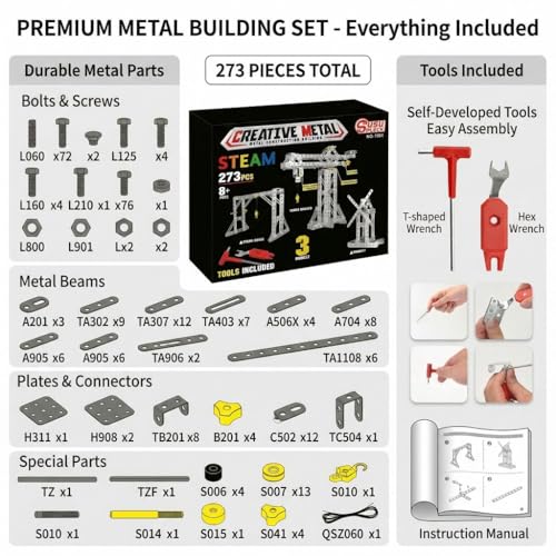 Metal Building Toys, 273pcs 3 in 1 Tower Crane & Frame Crane & Windmill Metal Model Set,Erector Sets for Boys Age 8-12,DIY Building Stem Projects Toys for Kids,Birthday Gifts for Model Crane Fan