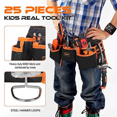 25 Pieces Kids Real Tool Kit Children Real Tool Set with Real Hand Tools, Kids Tool Belt, Pouch Bag,Magnetic Wristband for Small Hands DIY Woodworking Projects Home Repair