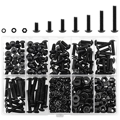 HELIFOUNER 380 Pieces M4 x 5mm /6mm /8mm /10mm /12mm /16mm /20mm, Button Head Socket Cap Screws Bolts Washers Nuts Kit, 10.9 Grade Alloy Steel, Full Threaded, Black - size: M4, style: Button Head