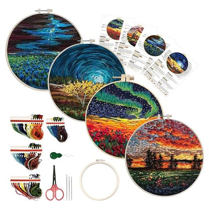 Maydear 4 Pack Embroidery Starter Kit with Pattern, Stamped Cross Stitch Kits for Beginners Adults with Embroidery Hoop and Instructions, Hand Embroidery Kit (Embroidery kit flower2)