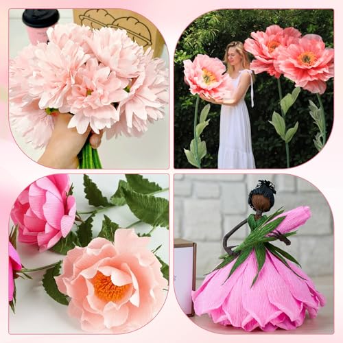 Crepe Paper Streamers 10 Rolls–Pastel Paper Flower Kit with 100 Stems&Tools - color: Pink