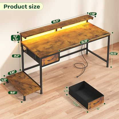 DurayLoly 39.3" Office Desk with Power Outlet & Fabric Drawer,Rustic Brown - color: Rustic Brown, size: 39.3 IN