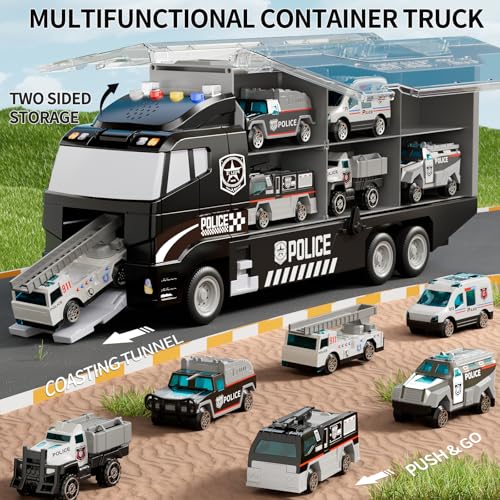 NIPLOOOW Kids Boys Toys for 3 4 5 6 Years Old, Police Truck Vehicle Toy Set with Play Mat and Die-Cast Toy Car, Transport Carrier Truck for Kids, Birthday Gifts Toys for 3 4 5 6 7 8+ Year Old Boys - style: Police truck