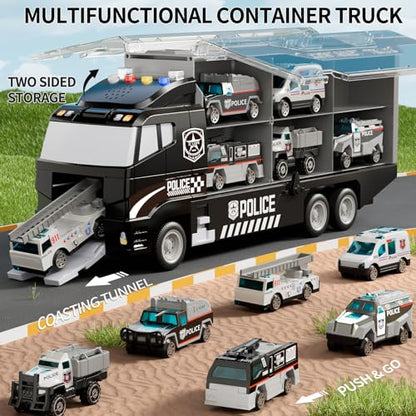 NIPLOOOW Kids Boys Toys for 3 4 5 6 Years Old, Police Truck Vehicle Toy Set with Play Mat and Die-Cast Toy Car, Transport Carrier Truck for Kids, Birthday Gifts Toys for 3 4 5 6 7 8+ Year Old Boys - style: Police truck