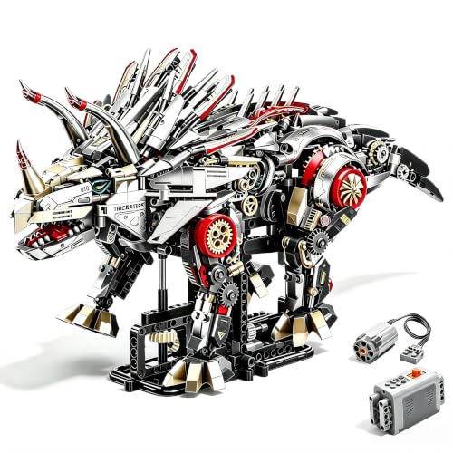 Mechanical Triceratops Dinosaur Building Kit, 1688 Pcs Motorized Walking STEM Toy with 2-in-1 Manual & Electric Battery Motor, LED Lights, Movable Joints, Gift for Kids & Adults