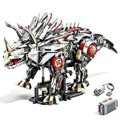 Mechanical Triceratops Dinosaur Building Kit, 1688 Pcs Motorized Walking STEM Toy with 2-in-1 Manual & Electric Battery Motor, LED Lights, Movable Joints, Gift for Kids & Adults