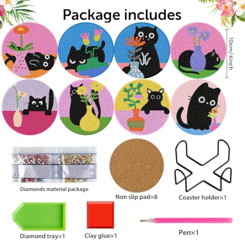 Diamond Art Coasters Kit, 8 Pieces Cats Diamond Painting Coasters Kit - color: Cats