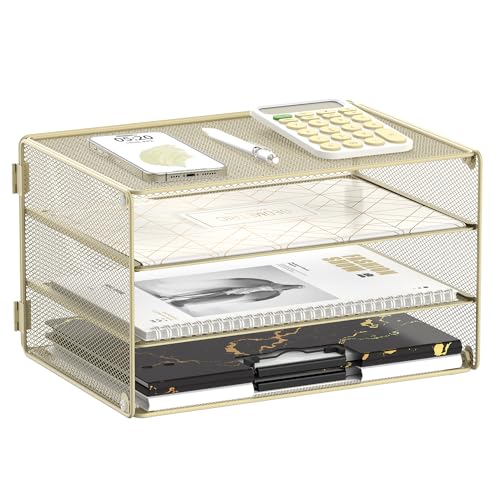 DALTACK 3 Tier Letter Tray Paper Organizer with Sliding Mesh Trays Yellow - color: Golden Yellow