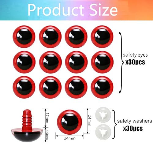 BESTCYC 60pcs 24mm Red Plastic Safety Eyes Craft Eyes with Washers for Amigurumi Dolls Plush Animals DIY Craft Lovers Doll Makers Crochet Craft Supplies - color: Red, size: 24mm