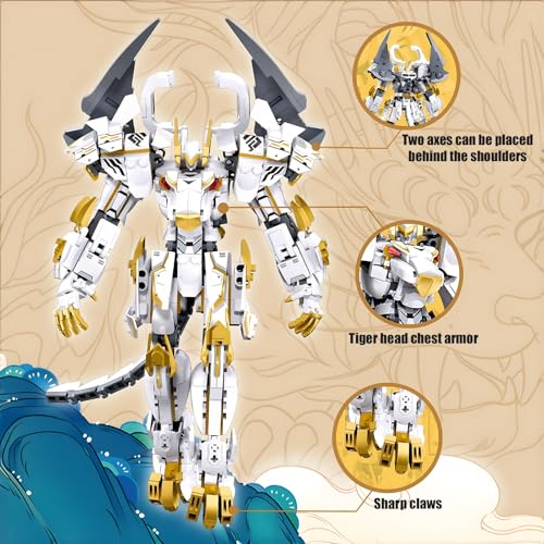 HIGH GODO Mech Robot Building Blocks Set for Adults, Flexible Cool White Tiger Warrior Model Kit with Two-Handed Axes Weapon Toy Playset, 679 Pieces Creative Mythical Ninja Gifts for Man Teens 14+ - color: White-1