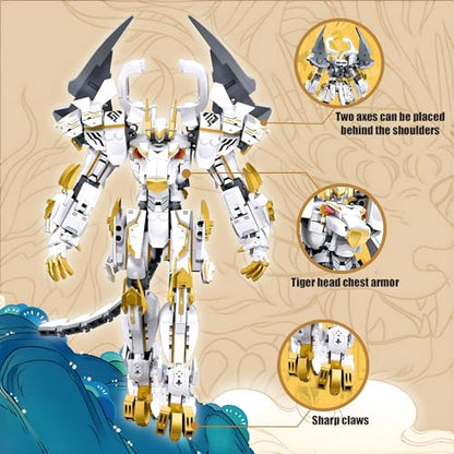 HIGH GODO Mech Robot Building Blocks Set for Adults, Flexible Cool White Tiger Warrior Model Kit with Two-Handed Axes Weapon Toy Playset, 679 Pieces Creative Mythical Ninja Gifts for Man Teens 14+ - color: White-1