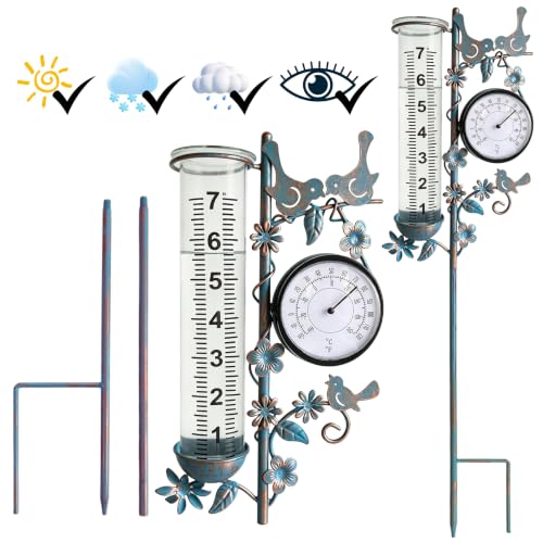 Rain Gauge Best Rated with Thermometer, Freeze Proof & Weatherproof - color: Bird & Flowe (Blue)