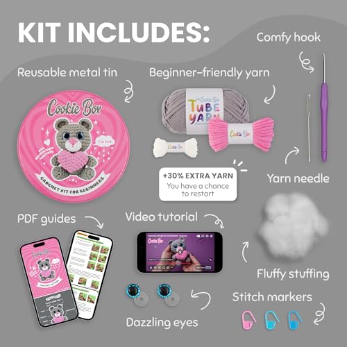 Cookie Box Crochet Kit for Beginners, Bear Ted - color: Gray and Pink
