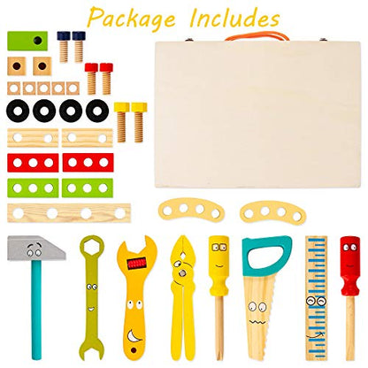 WOODMAM Wooden Kids Tool Set, 37Pcs Learning Construction Toy with Tool Box, Montessori Educational Building Toys Gift for 3+ Years Old Boys Girls - style: Standard