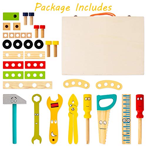 WOODMAM Wooden Kids Tool Set, 37Pcs Learning Construction Toy with Tool Box, Montessori Educational Building Toys Gift for 3+ Years Old Boys Girls - style: Standard