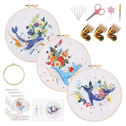 KEKEMEOW 3 Sets Embroidery Kit for Beginners, Stitches with Whale and Flowers, Embroidery Stitch Practice kit for Adults Craft Lover, Cross Stitch Kit with Pattern、Instruction、Hoop - color: whale