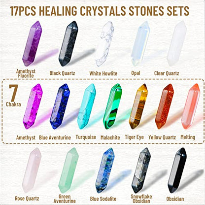 17Pcs Healing Crystals Stones Sets, Hexagonal Bullet Shaped Reiki Meditation Gemstone Chakra Stones Tiger Eye Obsidian Quartz Crystals Gemstone Wand Set Pendants with Storage Box - size: 17PCS
