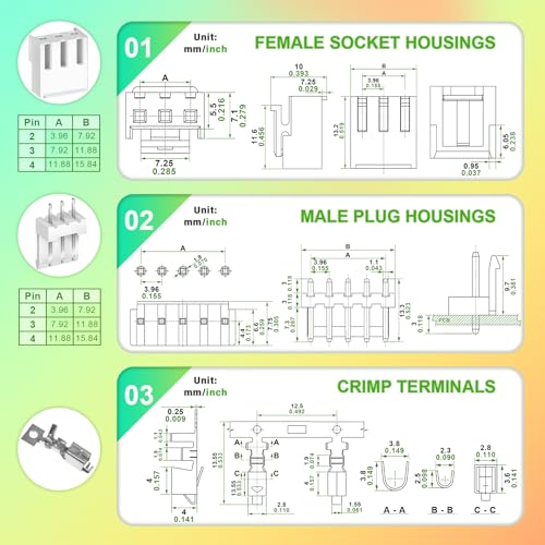 250 Pieces / 50 Sets JST VH 3.96mm 3 Pin 24-18 AWG Connector Kit - size: 3-Pin, style: JST-VH