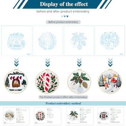 Zhenqing Christmas Embroidery Kit for Beginners - 4 Piece 29x29cm Round Designs with Embroidery Hoop, Threads & Tools (Snowy Cabin, Fireplace, Candy Cane, Holly)(C0066) - style: Snowy Cabin+ Fireplace+Candy Cane+Holly