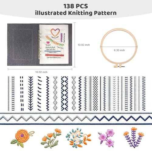 Vipxsa Embroidery Stitch Book Kit for Beginners, 138 Patterns with Embroidery Hoop & 87 PCS Tools, Portable Loose-Leaf Beginner Embroidery Kit Hand Embroidery Starter Kit for Adults DIY Craft Lovers