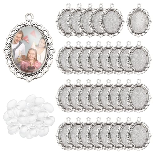 PH PandaHall 60pcs Bezel Pendant Blanks Settings - 30pcs Oval Pendant Trays Photo Charms with 30pcs Glass Cabochons for Wedding Brides Bridal Bouquet Charm Necklace Jewelry Making, 25x18mm - size: Tray: 25x18mm