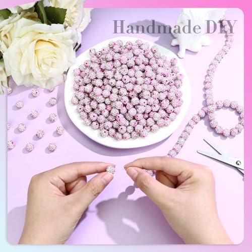 Dowarm 255PCS 10mm Rhinestone Beads, Pink Rhinestone Clay Beads for Baseball Necklace Bracelet Jewelry Making Crafts Beaded Pen, Round Polymer Clay Shamballa Pave Disco Diamond Bead - color: 02-Pink